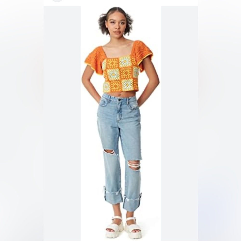 Circus Ny Crocjet Crop Top Blouse Short Sleeve Orange Blue size XS